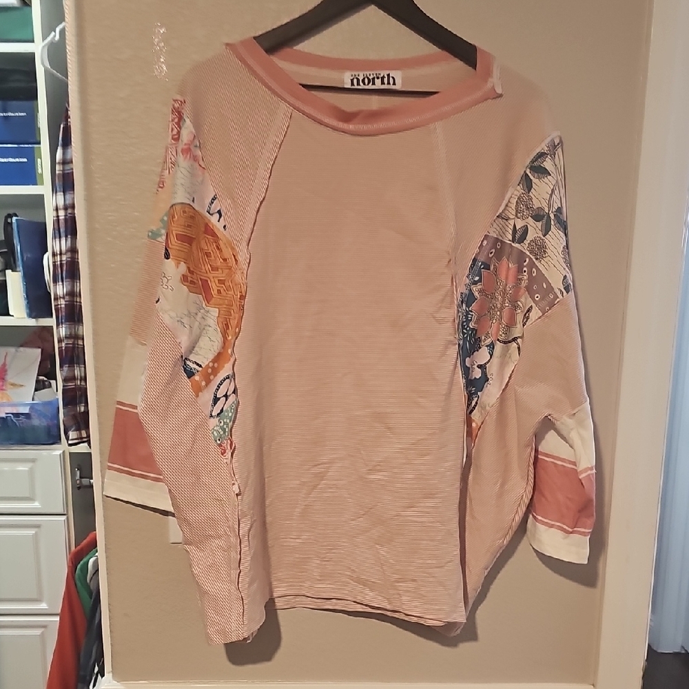 OneEleven North Size Large Women's Pink Patchwork Dolman Sleeve Top